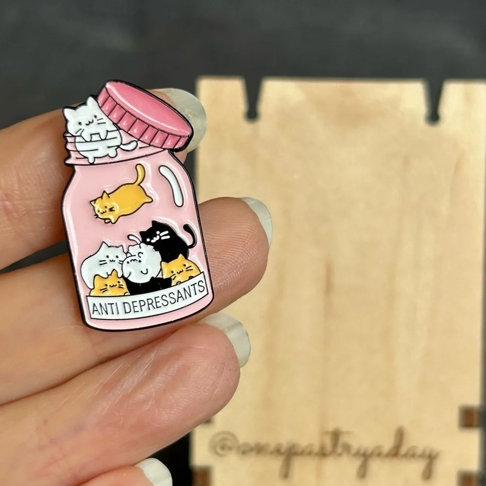 Fun, Kawaii Style ANTIDEPRESSANTS Cat Brooch Pin, Pink, Black, Gold, White